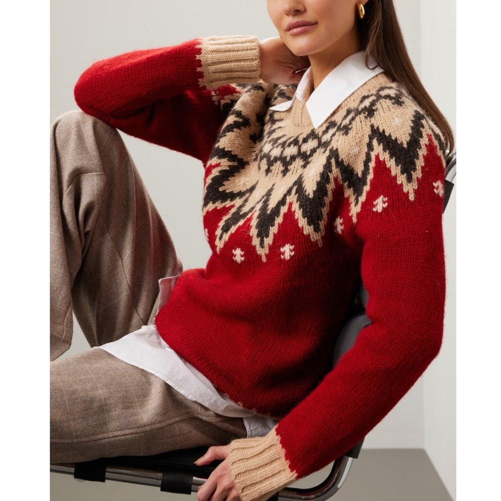 Polo Ralph Lauren Fair Isle Red Tan Wool Alpaca Sweater Size Small